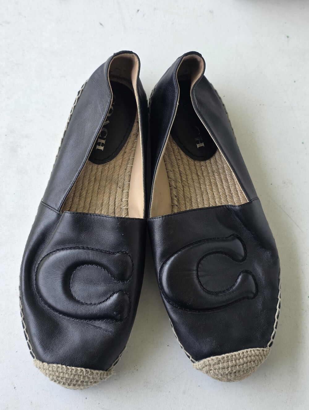 Coach Black Leather C Logo Espadrille Flats Loafers Shoes Size 9.5 Casual